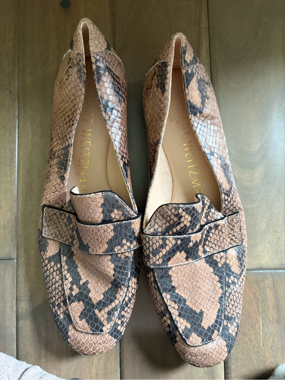 Stuart Weitzman Tan and Black Snake-Print Loafers